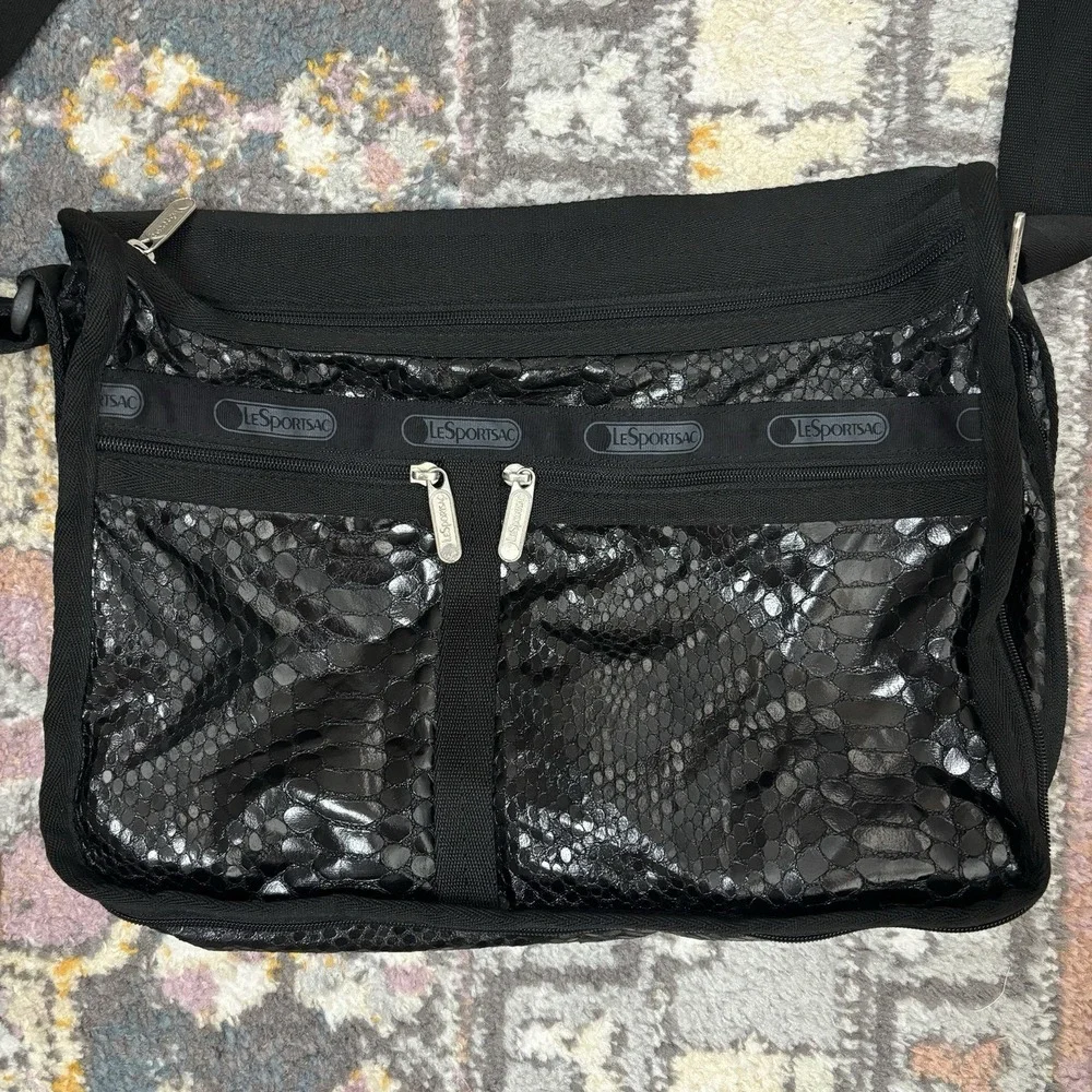 LeSportSac Deluxe Expandable Black Shoulder Bag Glossy Snake Print & Zip Pouch